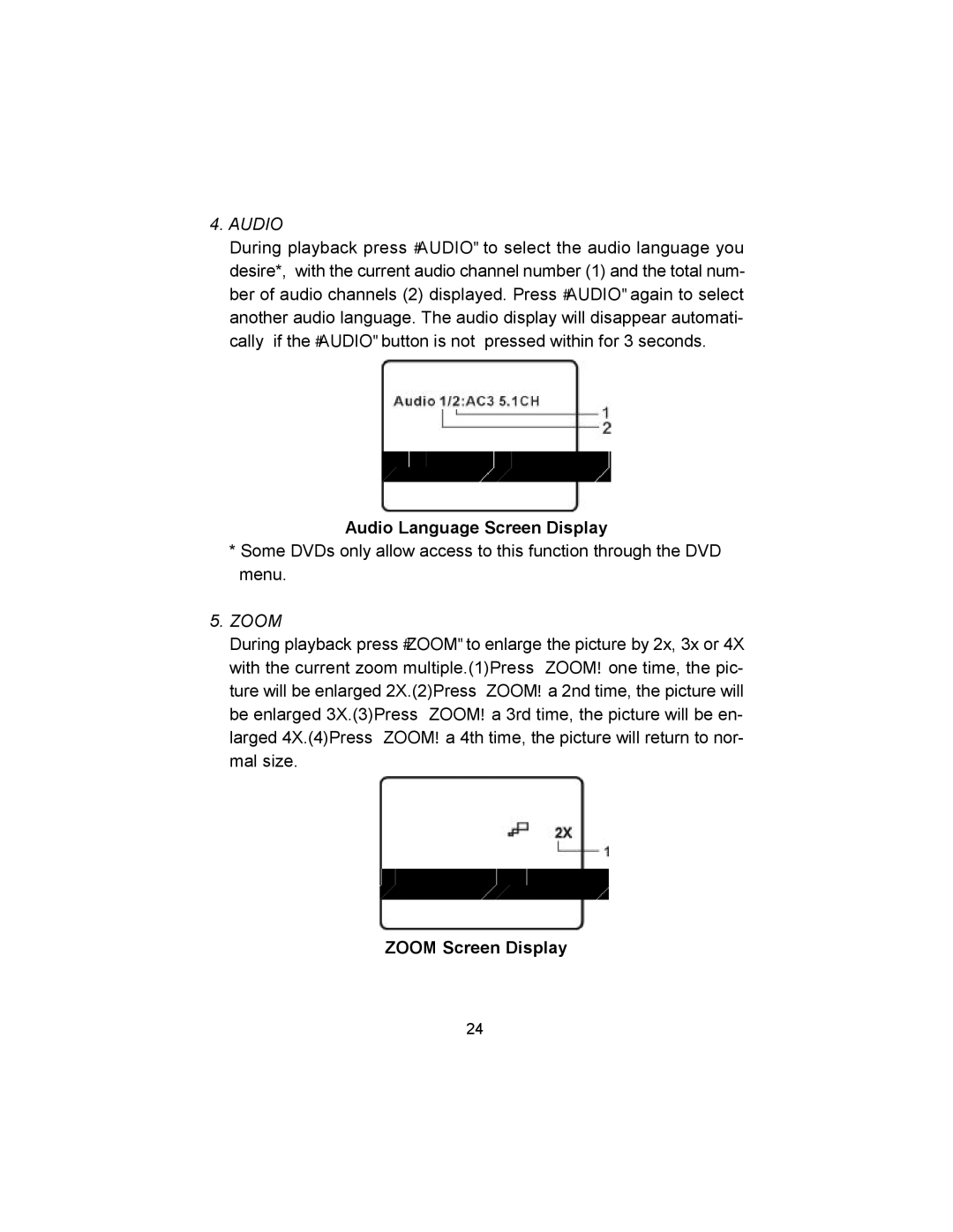 Audiovox VBP620 manual Audio Language Screen Display, Zoom Screen Display 