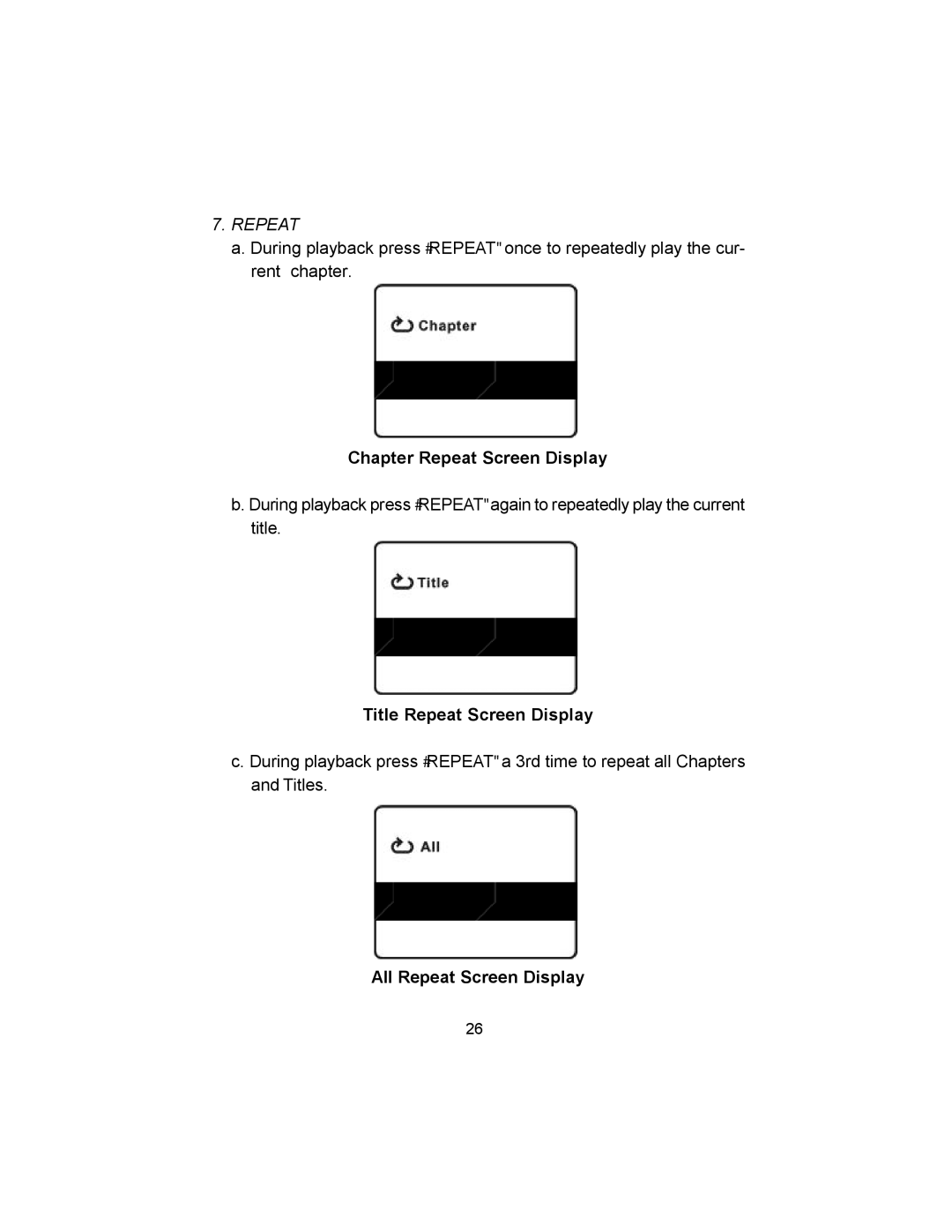 Audiovox VBP620 manual Chapter Repeat Screen Display, Title Repeat Screen Display, All Repeat Screen Display 