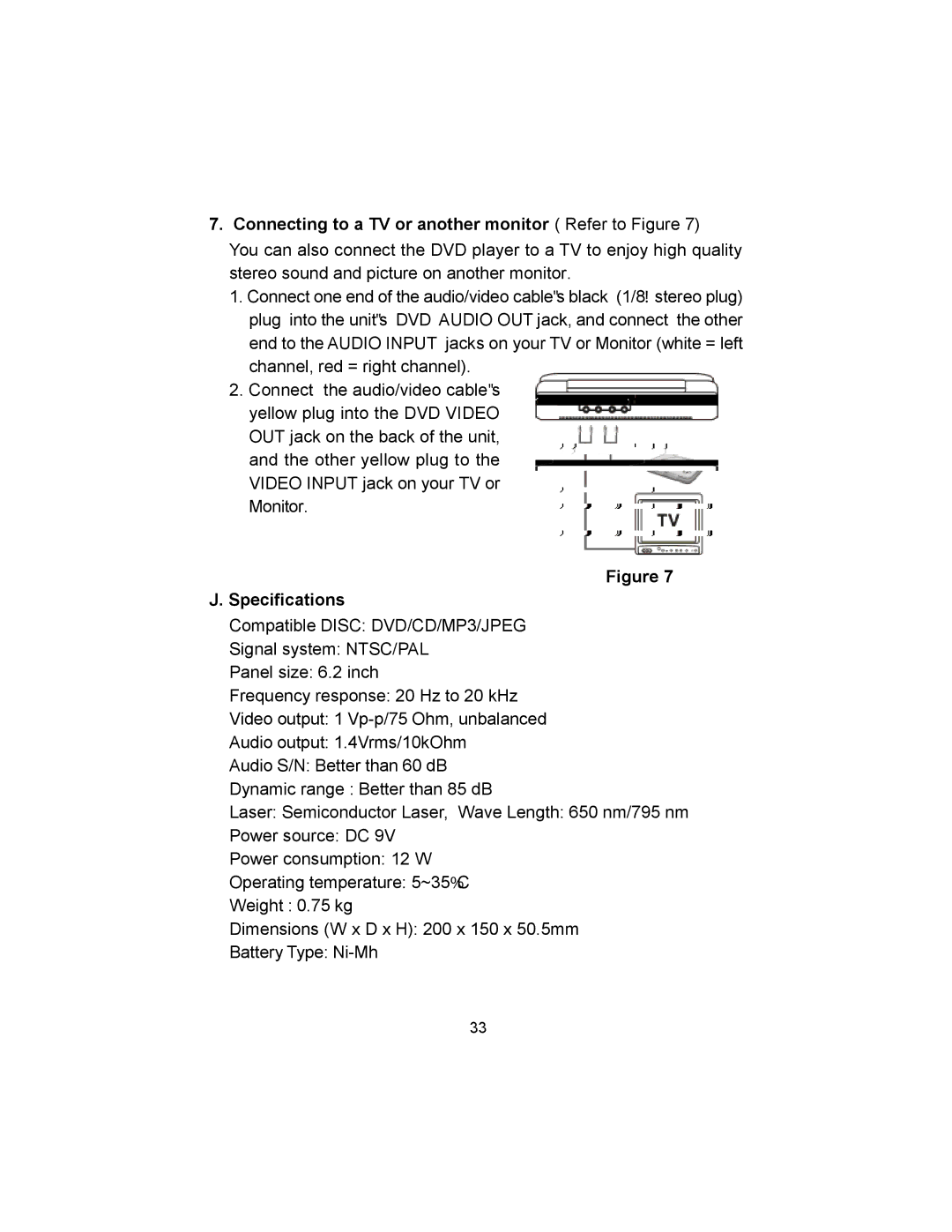 Audiovox VBP620 manual Connecting to a TV or another monitor Refer to Figure, Specifications 