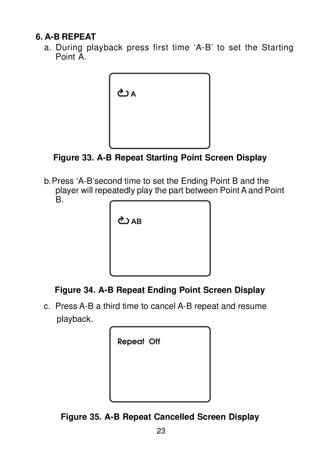 Audiovox VBP70 manual B Repeat Starting Point Screen Display 