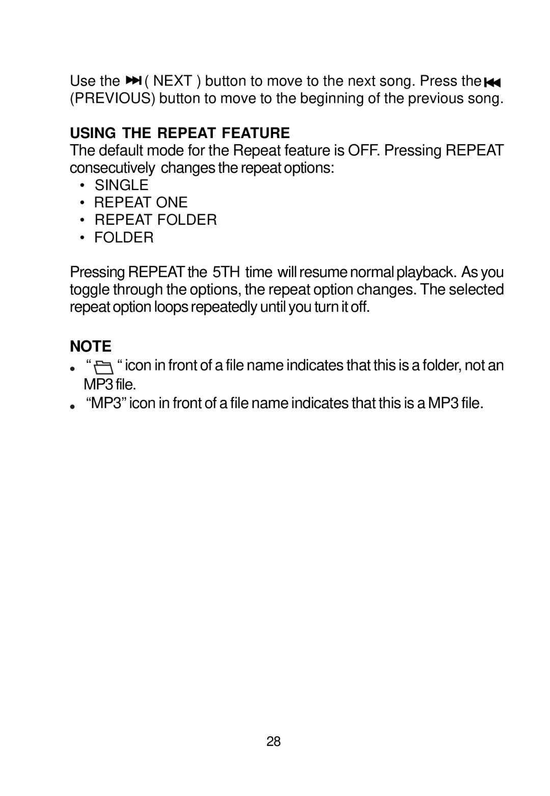 Audiovox VBP70 manual Single Repeat ONE Repeat Folder 