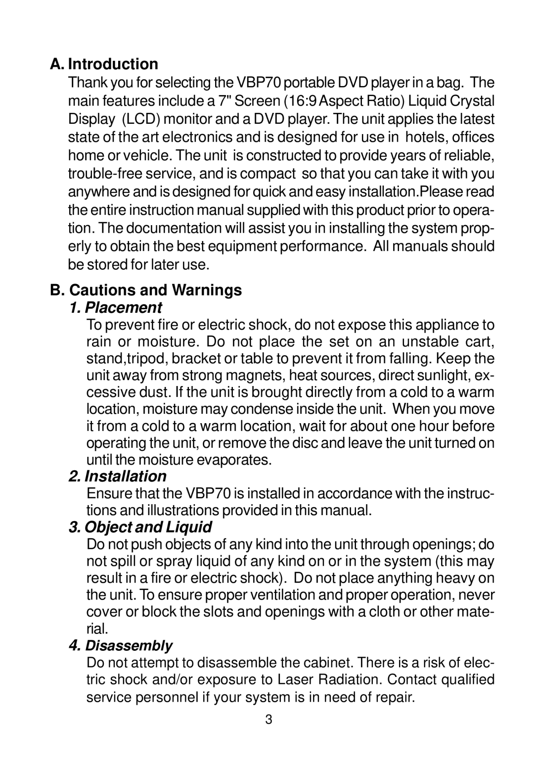 Audiovox VBP70 manual Introduction, Placement 