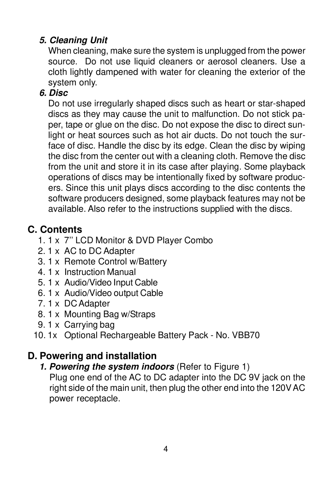 Audiovox VBP70 manual Contents, Powering and installation 