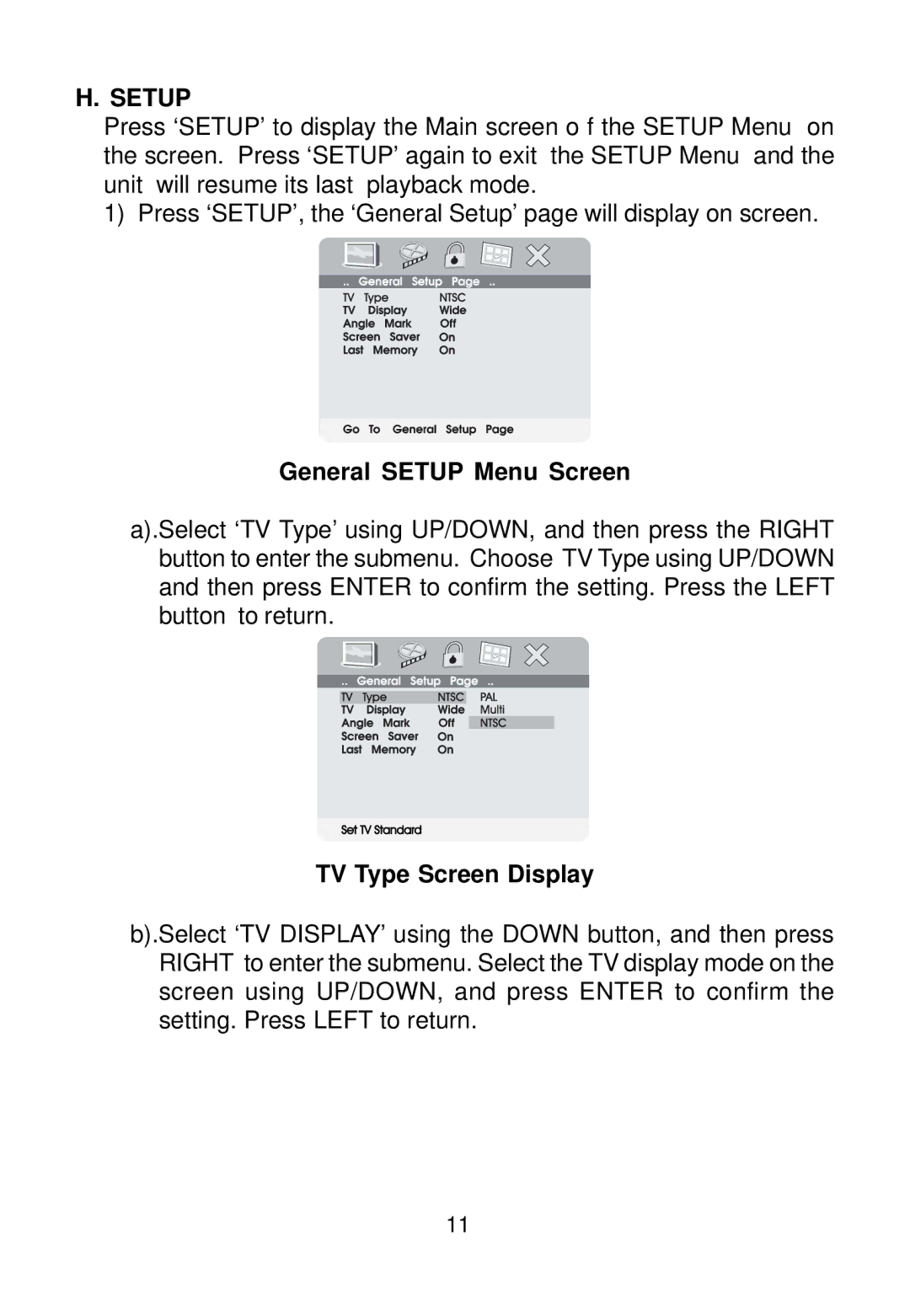 Audiovox VBP700 manual General Setup Menu Screen, TV Type Screen Display 