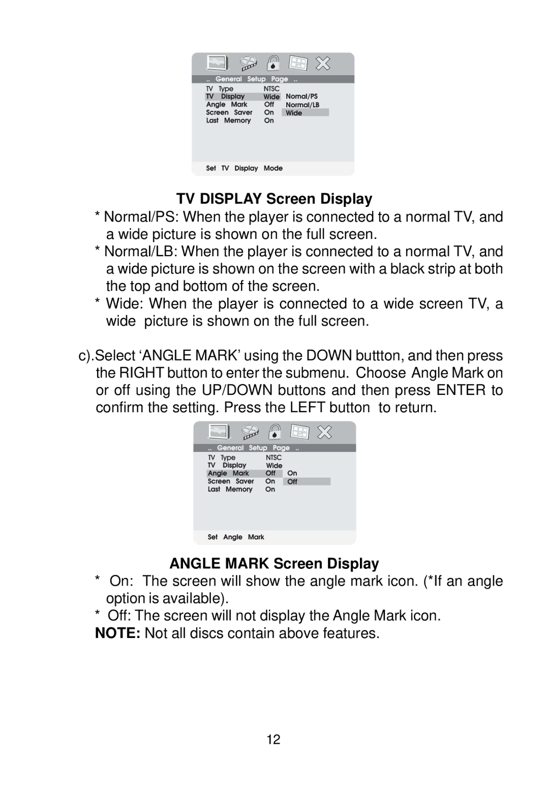 Audiovox VBP700 manual TV Display Screen Display, Angle Mark Screen Display 