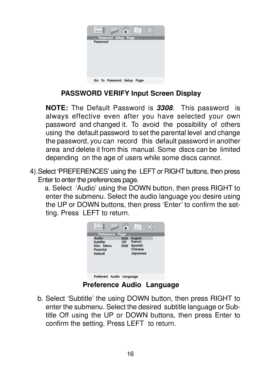 Audiovox VBP700 manual Password Verify Input Screen Display, Preference Audio Language 