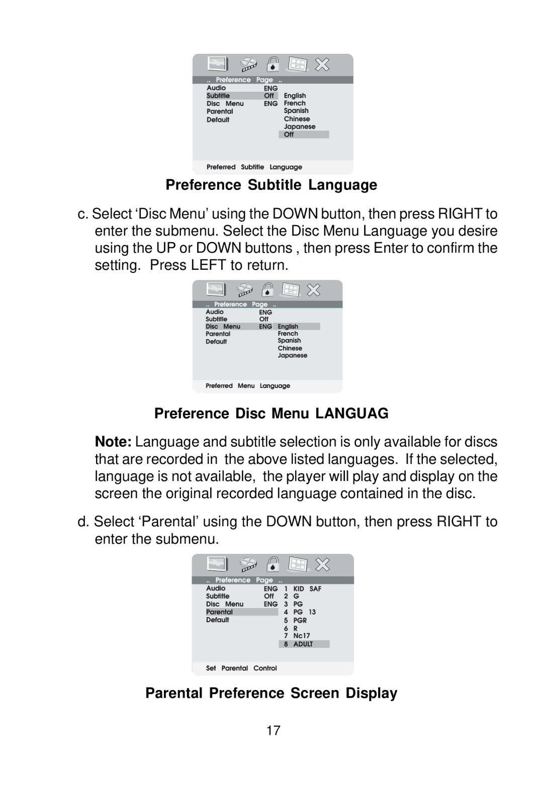 Audiovox VBP700 manual Preference Subtitle Language, Preference Disc Menu Languag, Parental Preference Screen Display 