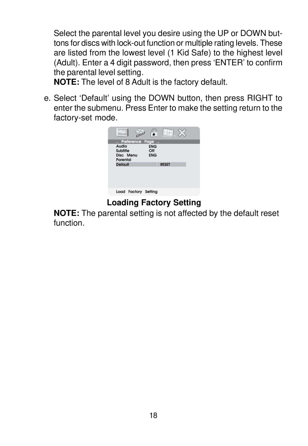 Audiovox VBP700 manual Loading Factory Setting 