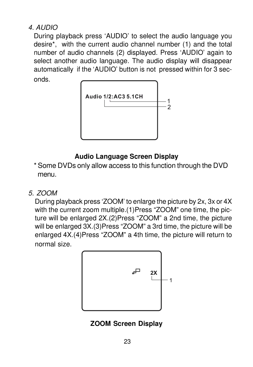 Audiovox VBP700 manual Audio Language Screen Display, Zoom Screen Display 