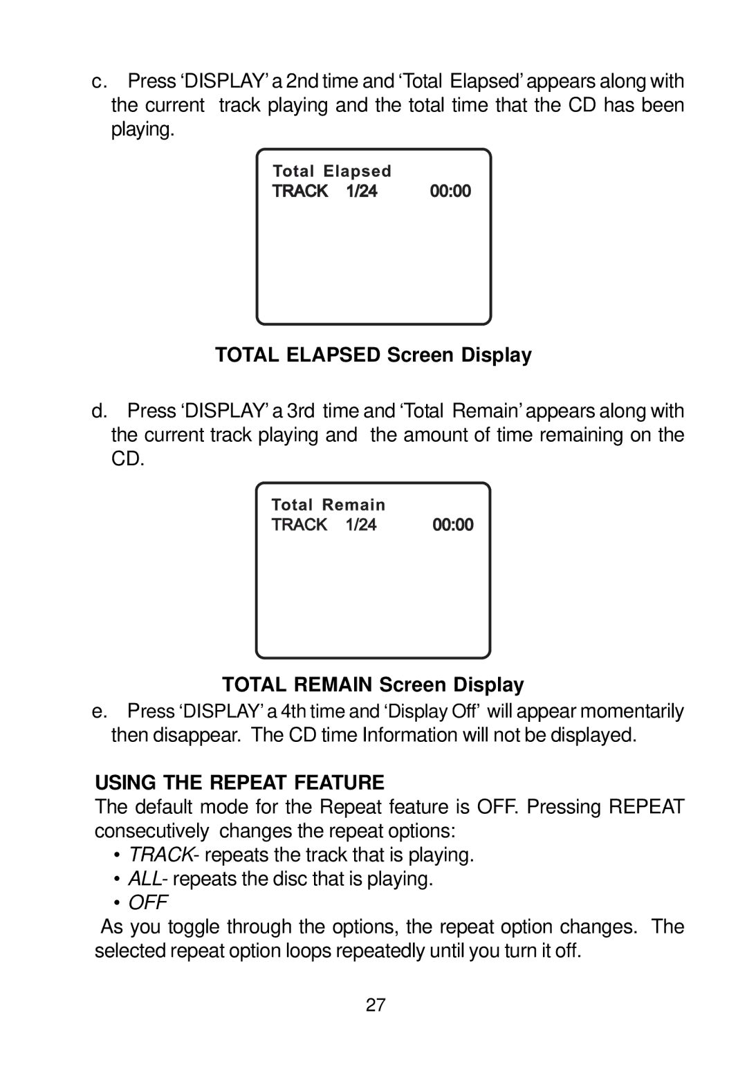 Audiovox VBP700 manual Total Elapsed Screen Display, Total Remain Screen Display 