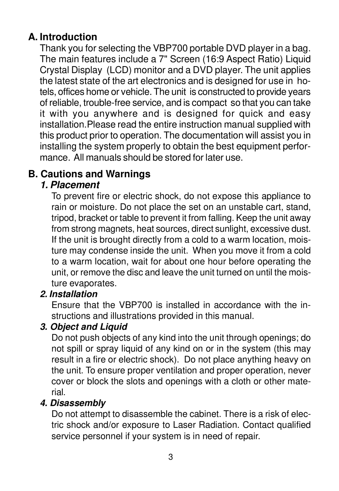 Audiovox VBP700 manual Introduction, Placement 