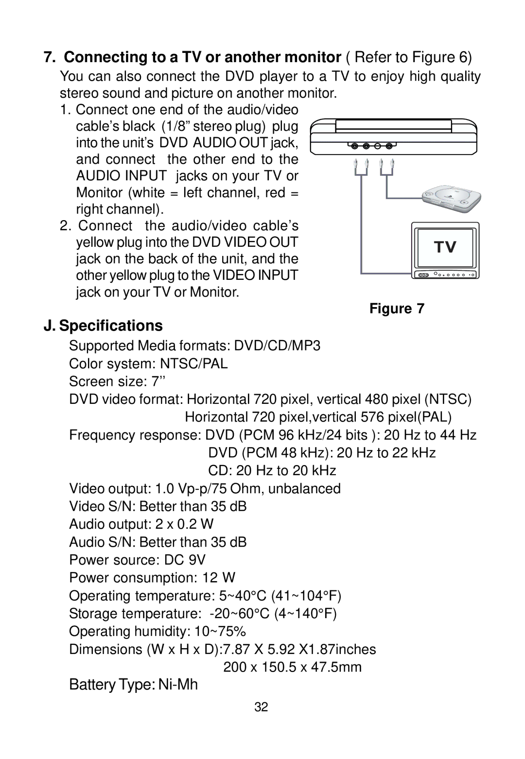 Audiovox VBP700 manual Connecting to a TV or another monitor Refer to Figure, Specifications 