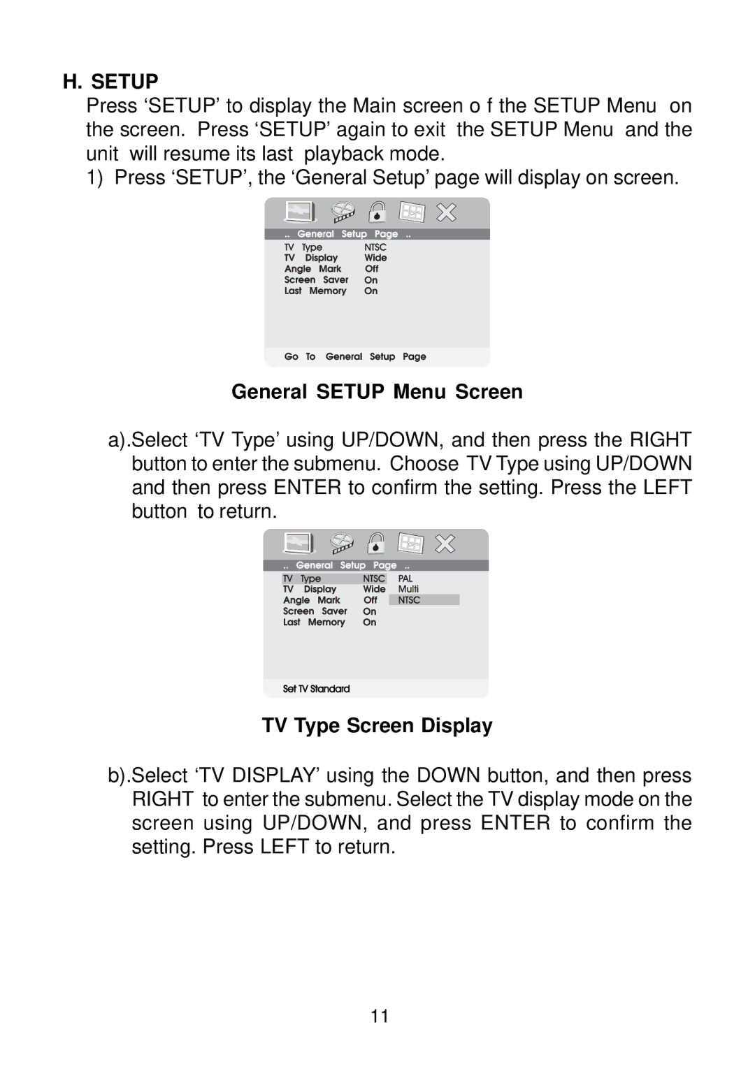 Audiovox VBP800 manual General Setup Menu Screen, TV Type Screen Display 