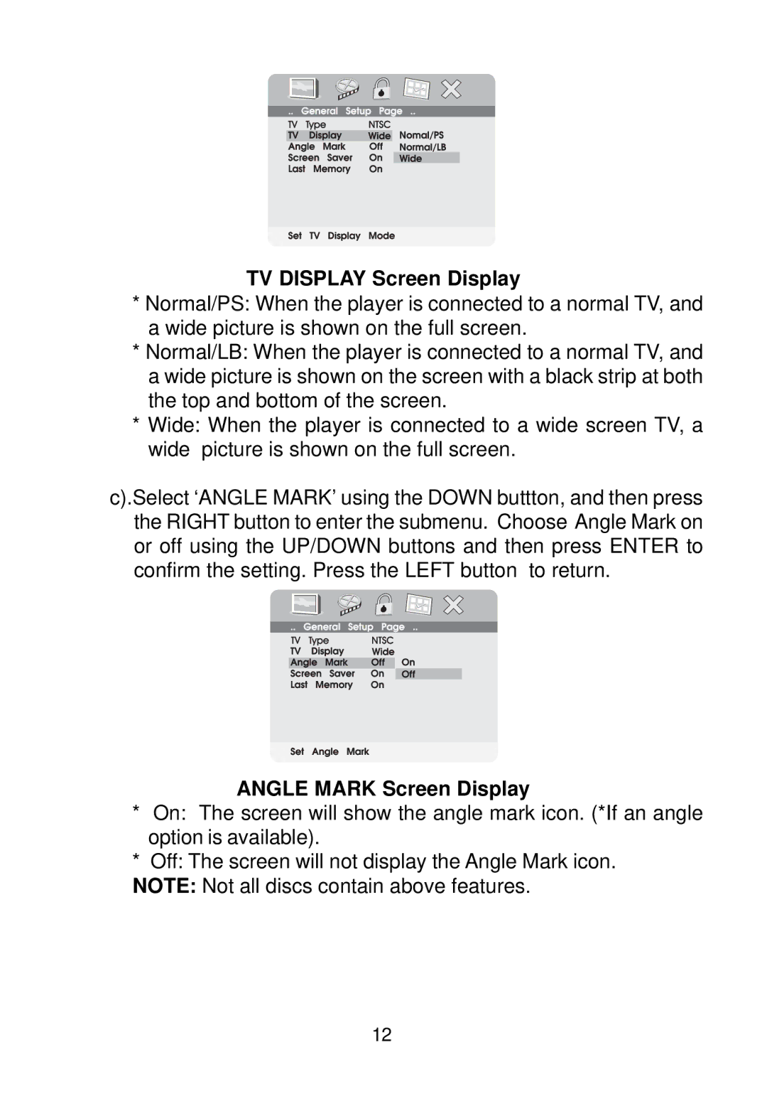 Audiovox VBP800 manual TV Display Screen Display, Angle Mark Screen Display 