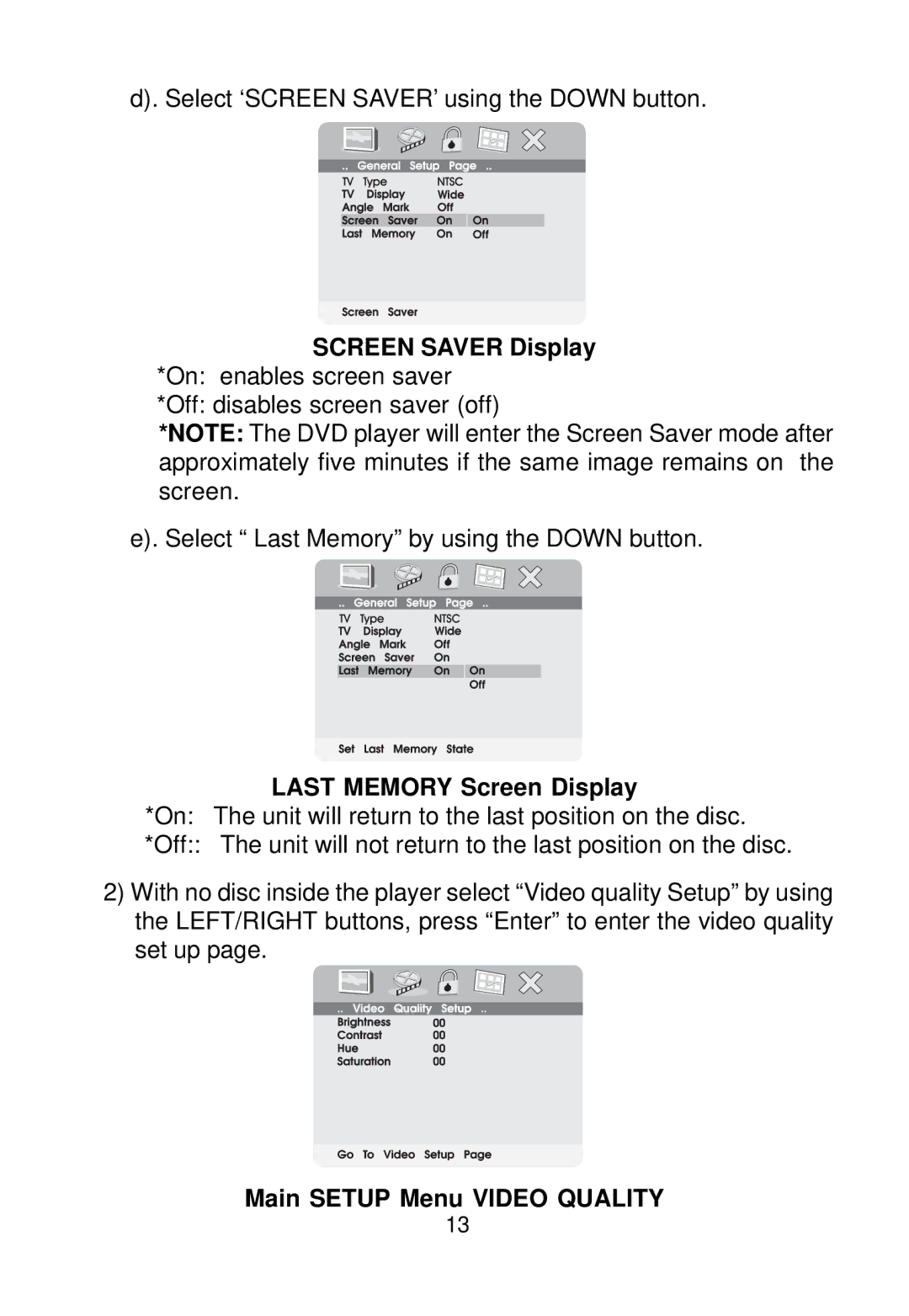 Audiovox VBP800 manual Screen Saver Display, Last Memory Screen Display, Main Setup Menu Video Quality 