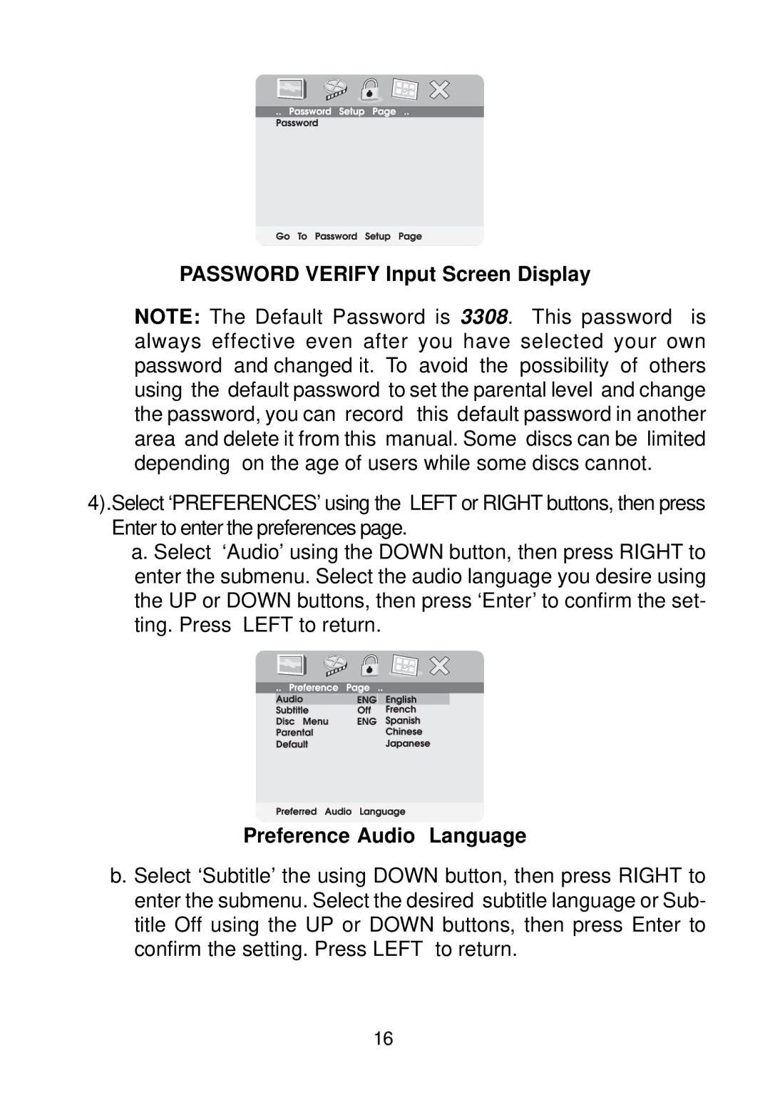 Audiovox VBP800 manual Password Verify Input Screen Display, Preference Audio Language 