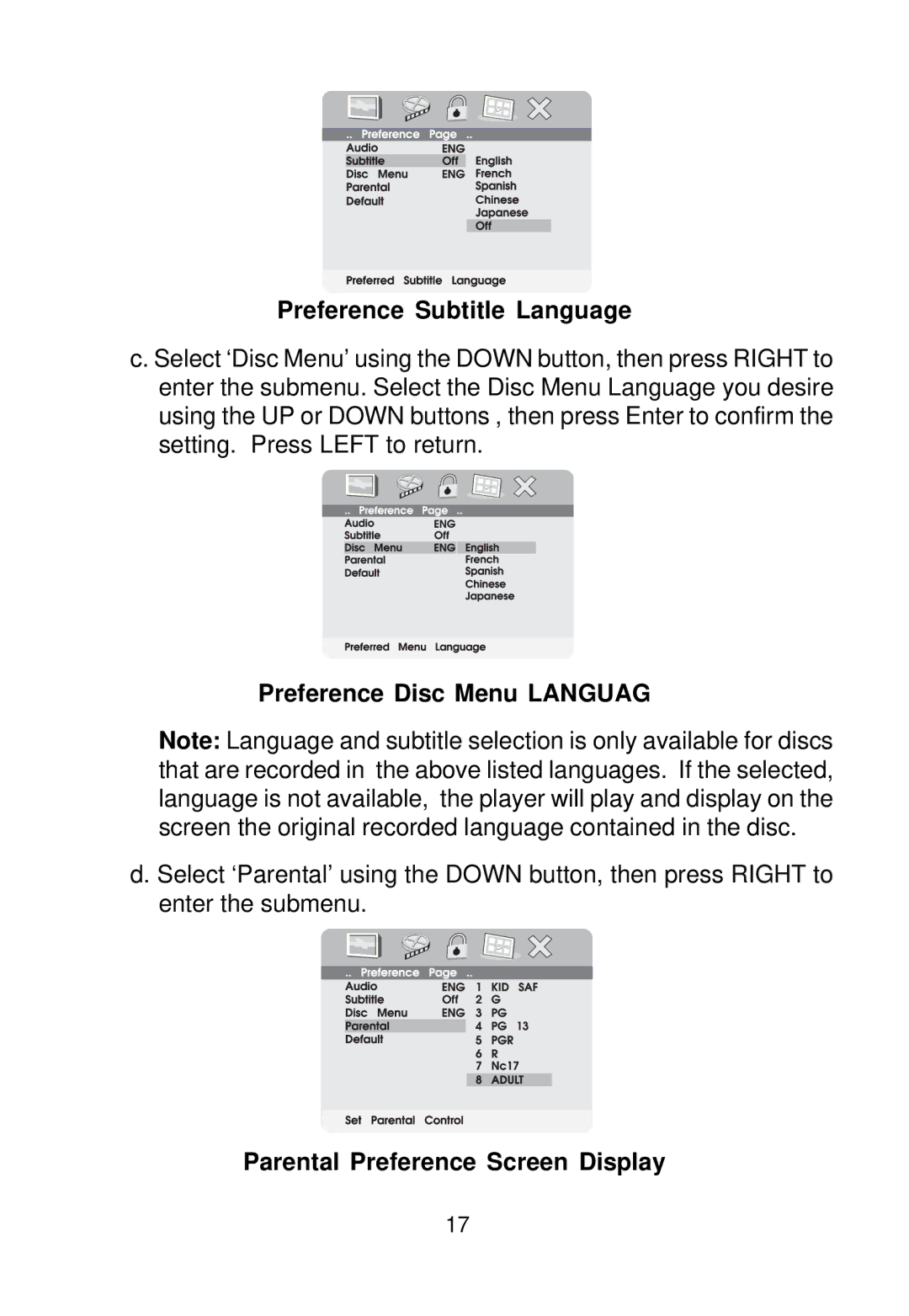 Audiovox VBP800 manual Preference Subtitle Language, Preference Disc Menu Languag, Parental Preference Screen Display 