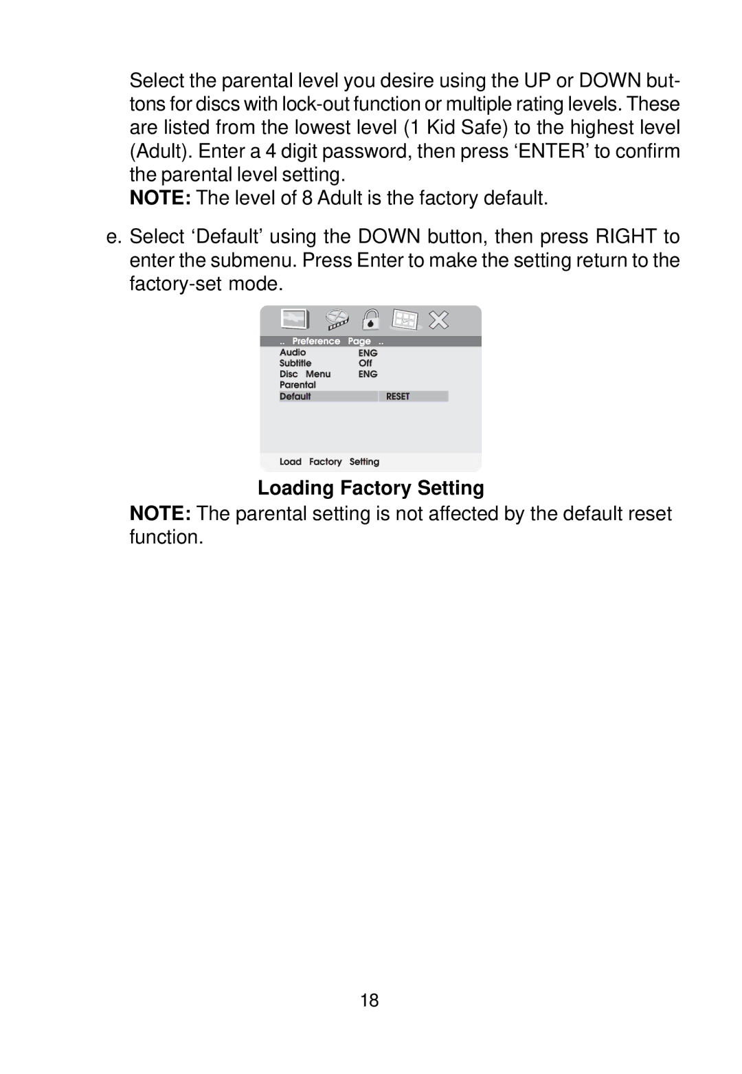 Audiovox VBP800 manual Loading Factory Setting 