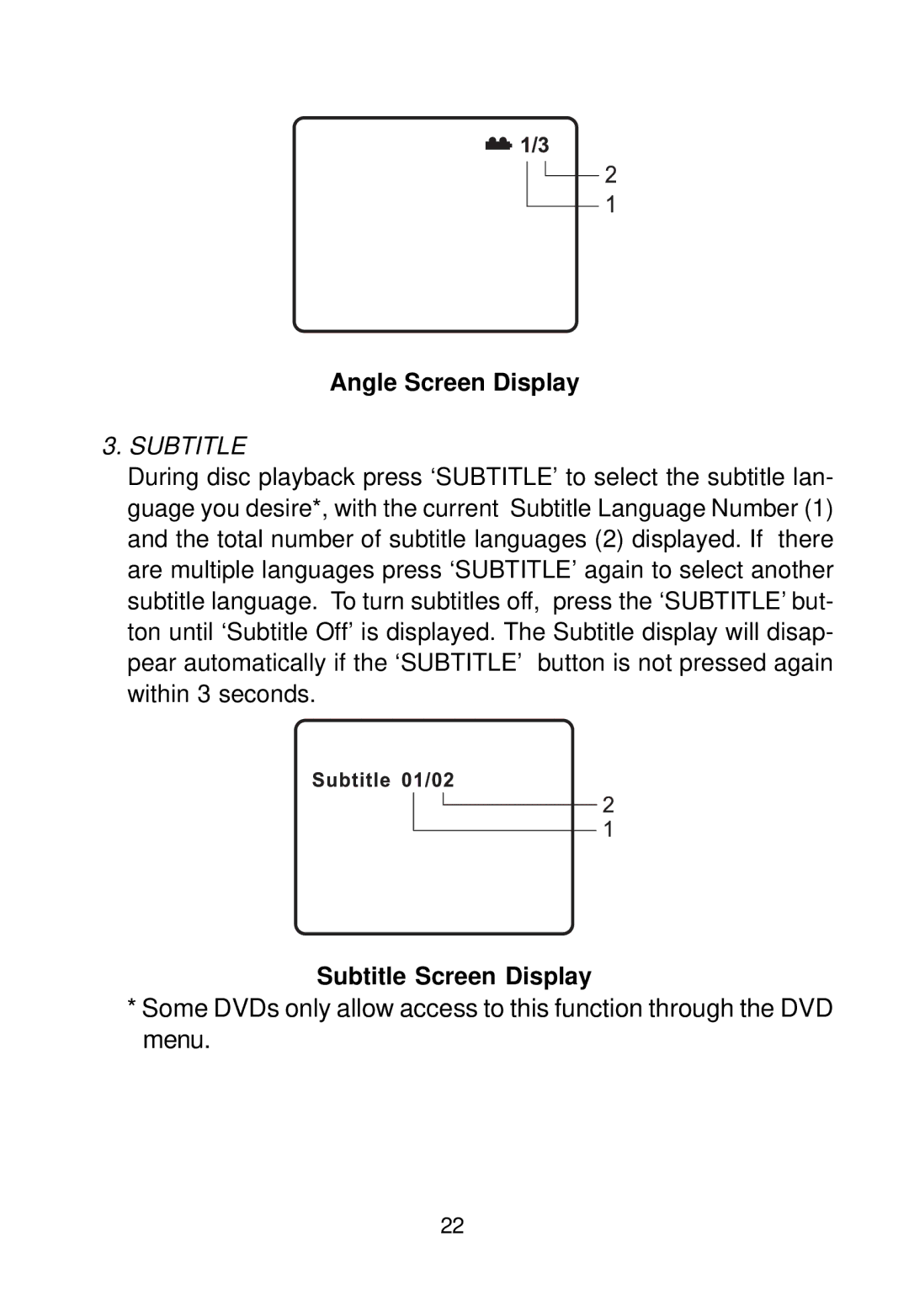 Audiovox VBP800 manual Angle Screen Display, Subtitle Screen Display 