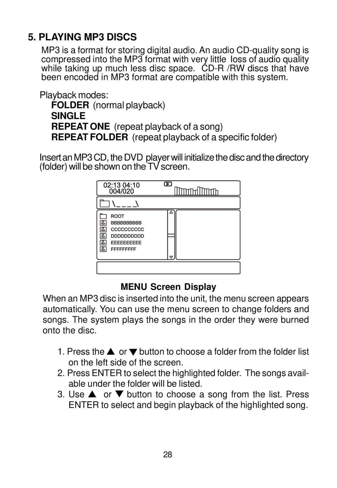 Audiovox VBP800 manual Playing MP3 Discs, Menu Screen Display 