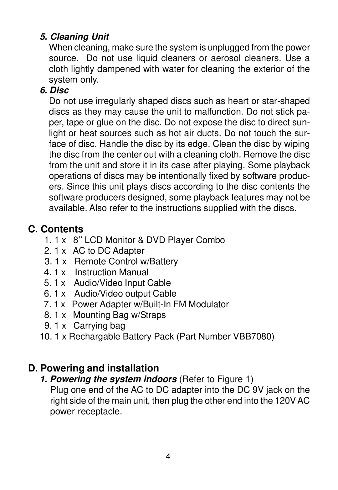 Audiovox VBP800 manual Contents, Powering and installation 