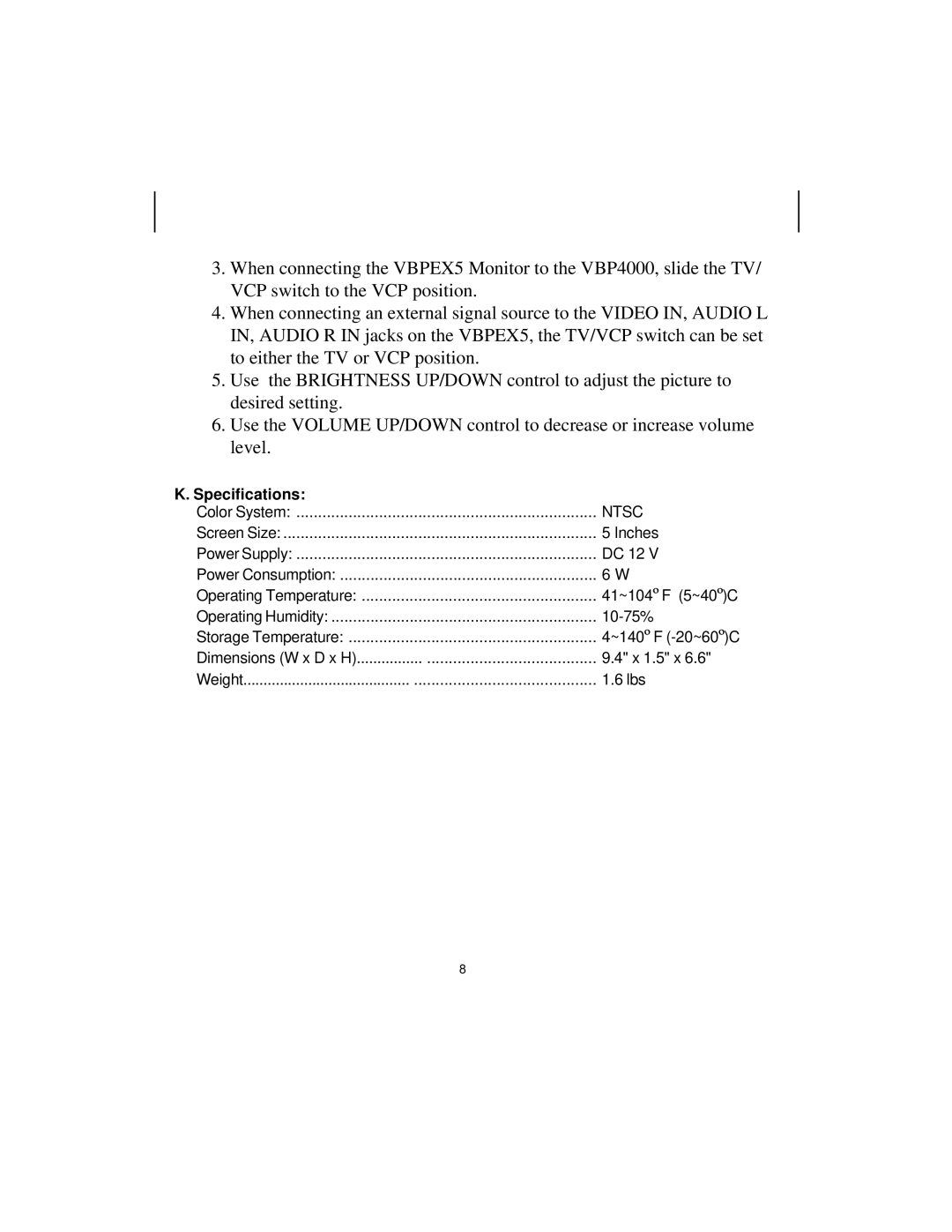 Audiovox VBPEX5 owner manual Specifications, Ntsc 