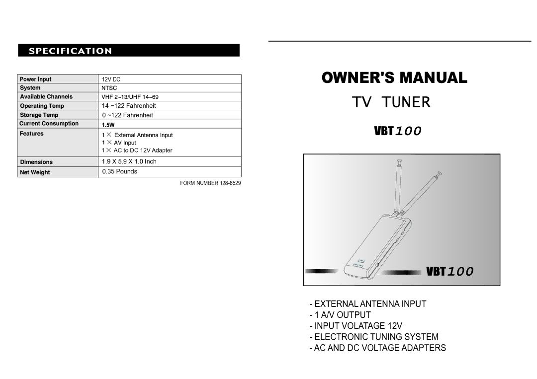 Audiovox VBT100 owner manual Power Input 