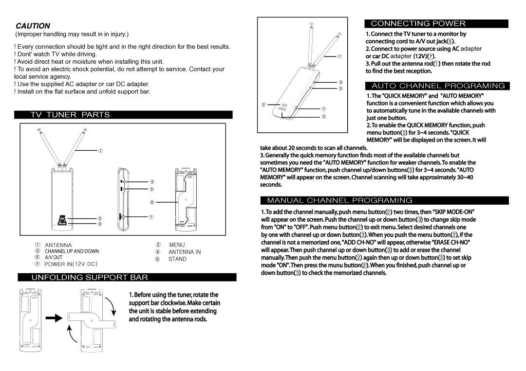 Audiovox VBT100 TV Tuner Parts, Unfolding Support BAR, Connecting Power, Take about 20 seconds to scan all channels 