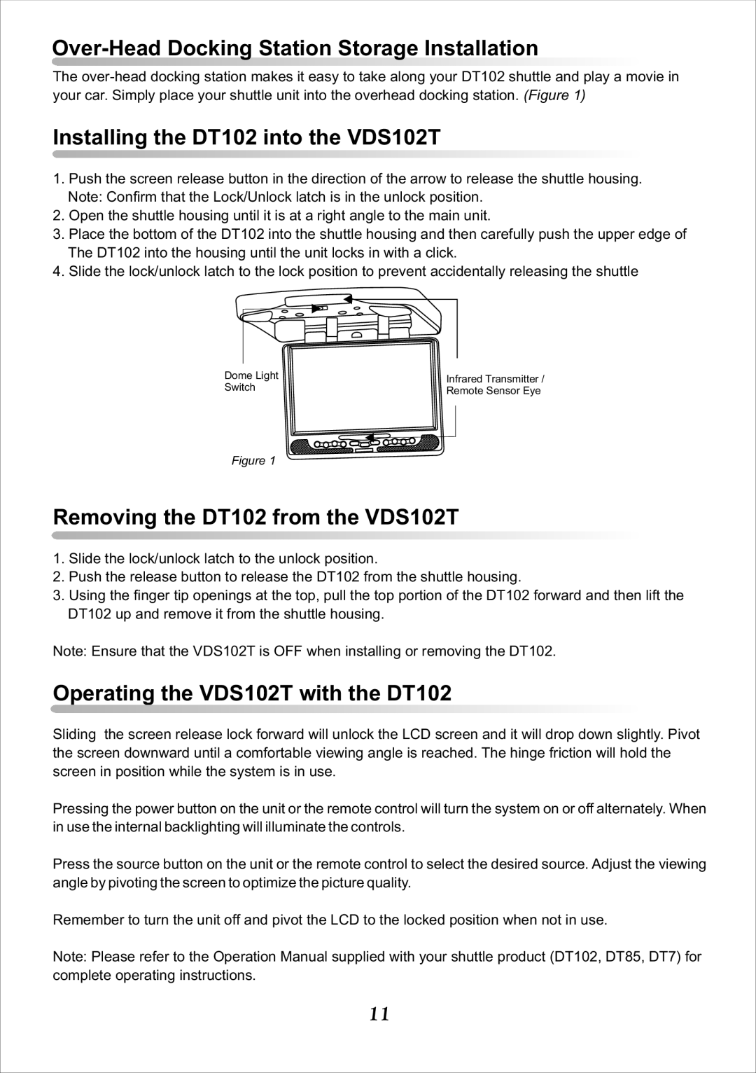 Audiovox operation manual Over-Head Docking Station Storage Installation, Installing the DT102 into the VDS102T 