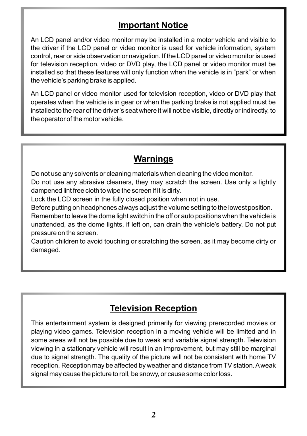 Audiovox VDS102T operation manual Important Notice, Television Reception 