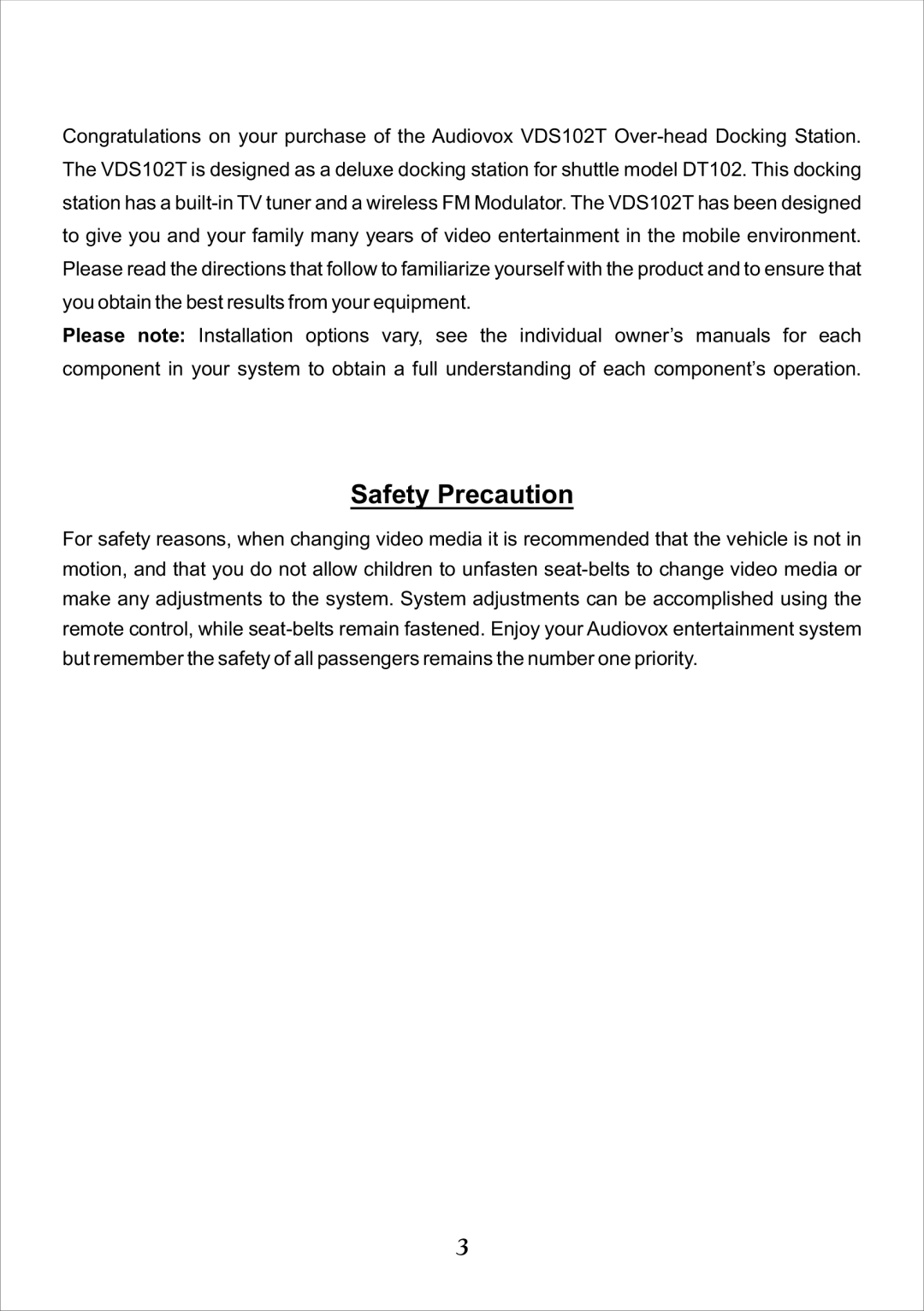 Audiovox VDS102T operation manual Safety Precaution 