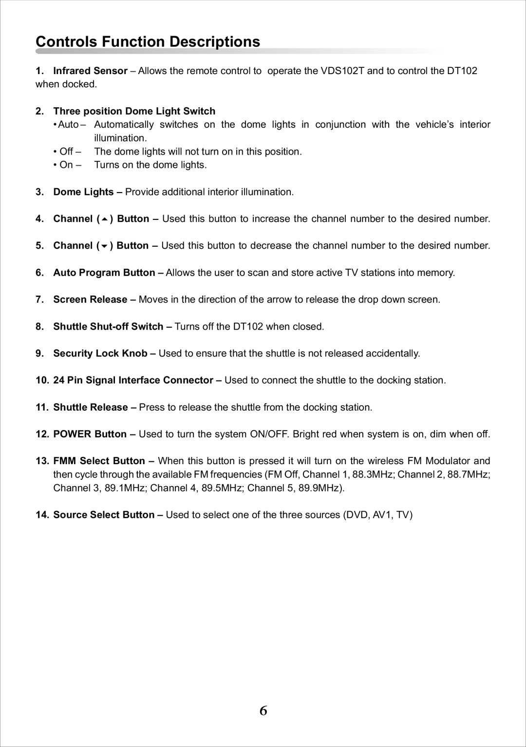 Audiovox VDS102T operation manual Controls Function Descriptions, Three position Dome Light Switch 