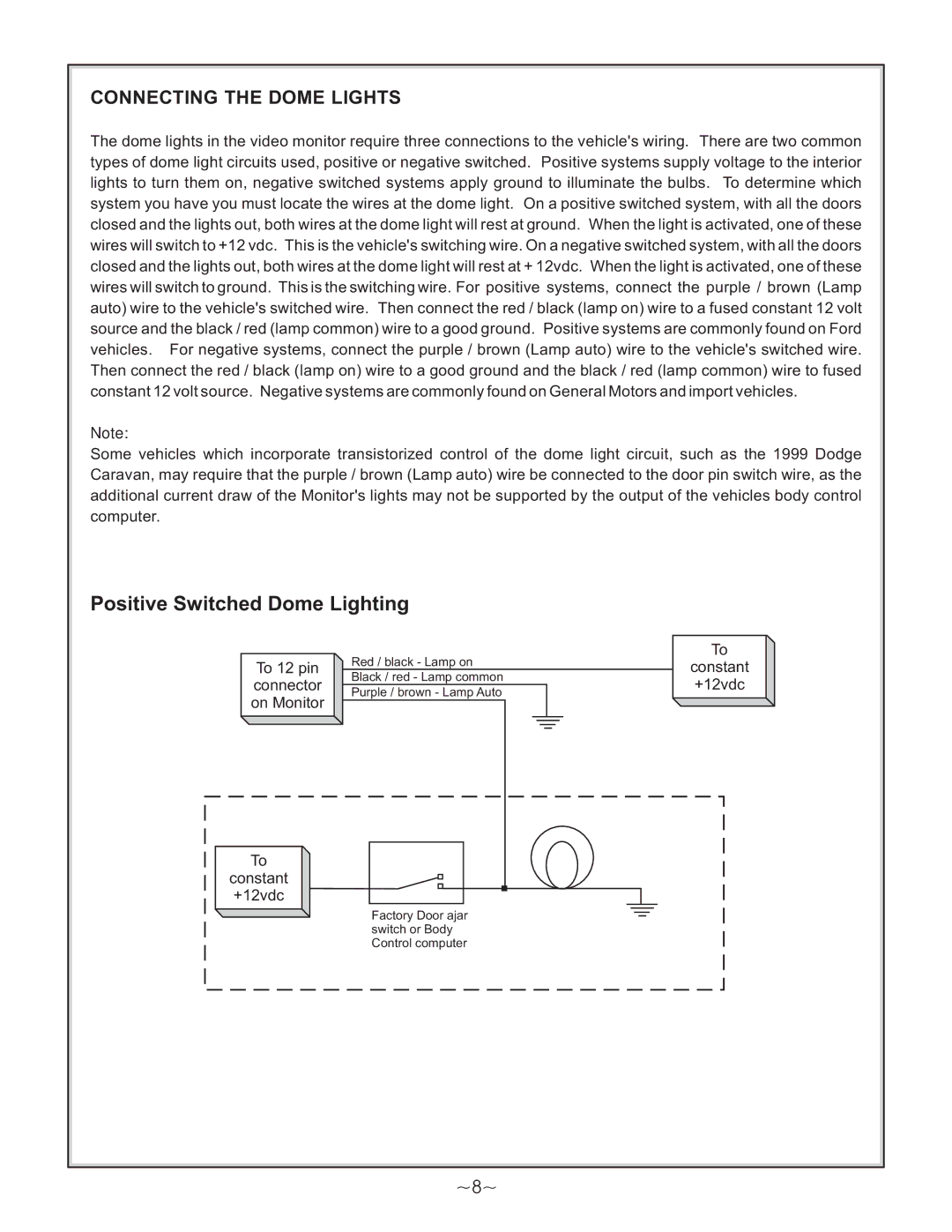 Audiovox VDS102T manual Connecting the Dome Lights, ~8~ 