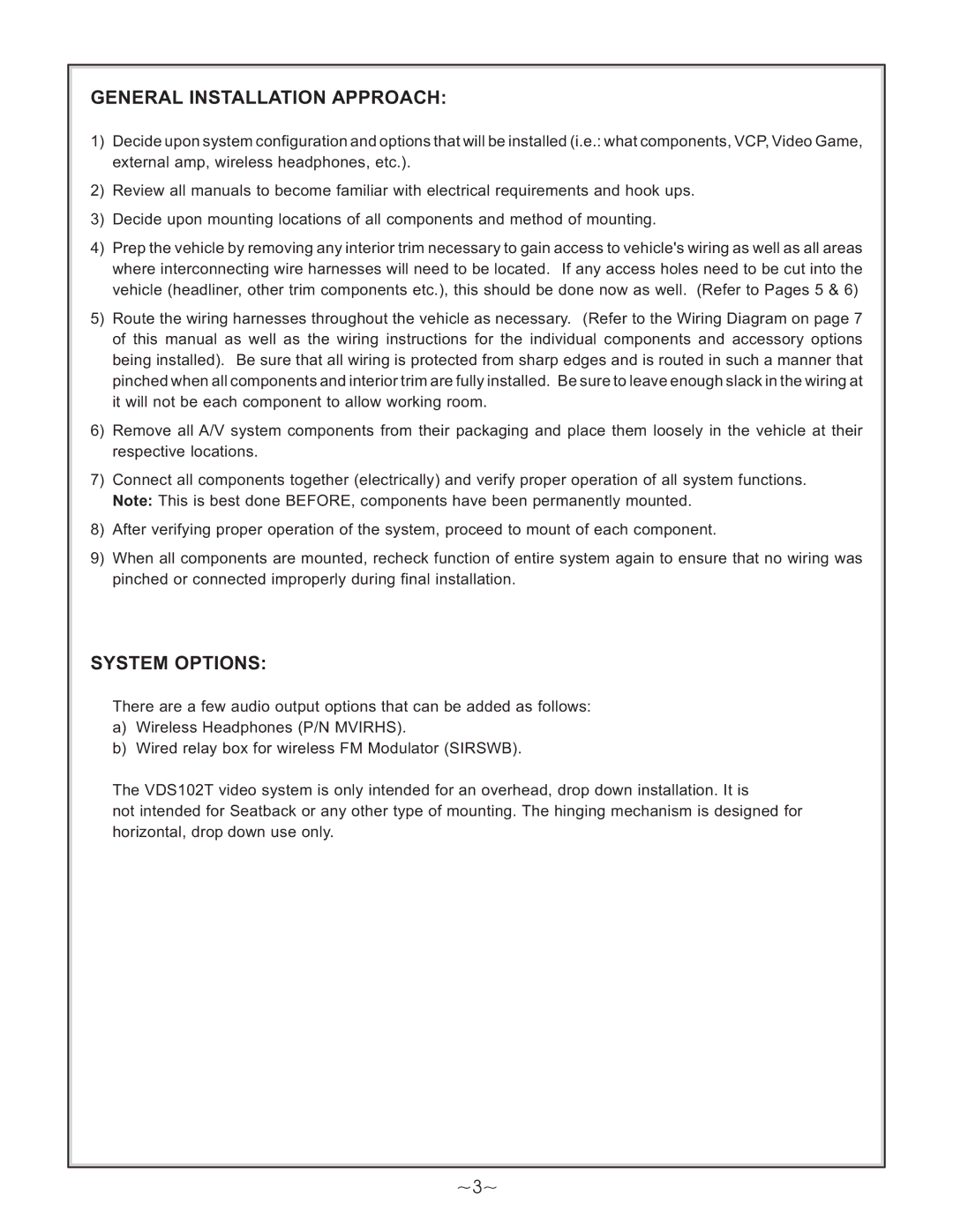 Audiovox VDS102T manual General Installation Approach, System Options, ~3~ 
