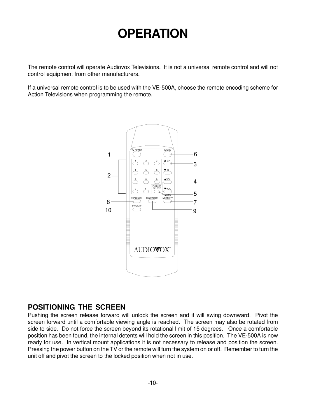 Audiovox VE-500A operation manual Operation, Positioning the Screen 