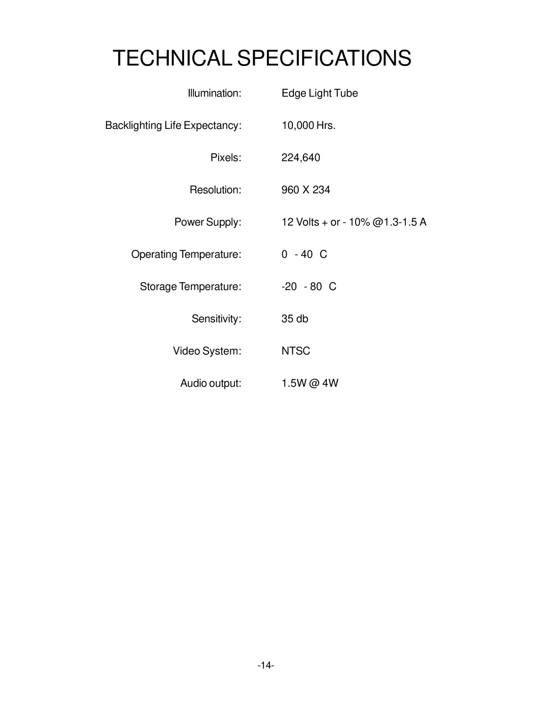 Audiovox VE-500A operation manual Technical Specifications 