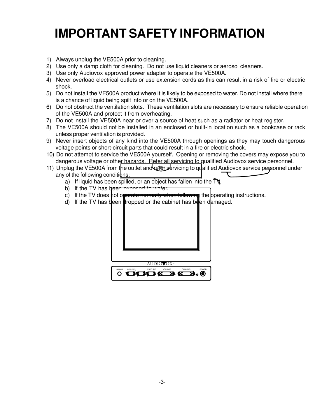 Audiovox VE-500A operation manual Important Safety Information 