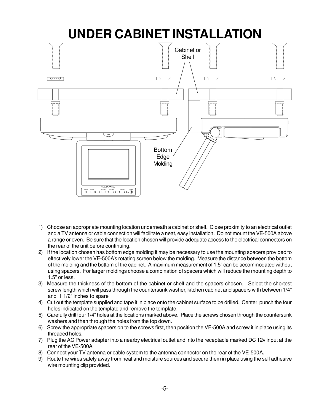 Audiovox VE-500A operation manual Under Cabinet Installation, Bottom Edge Molding 