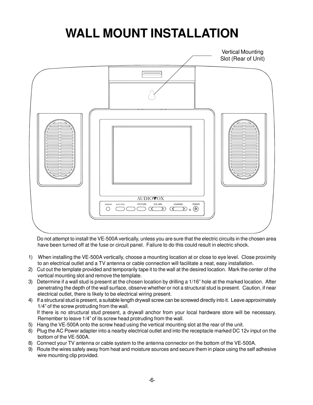 Audiovox VE-500A operation manual Wall Mount Installation, Vertical Mounting Slot Rear of Unit 