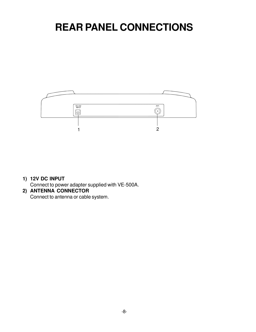 Audiovox VE-500A operation manual Rear Panel Connections, 12V DC Input 