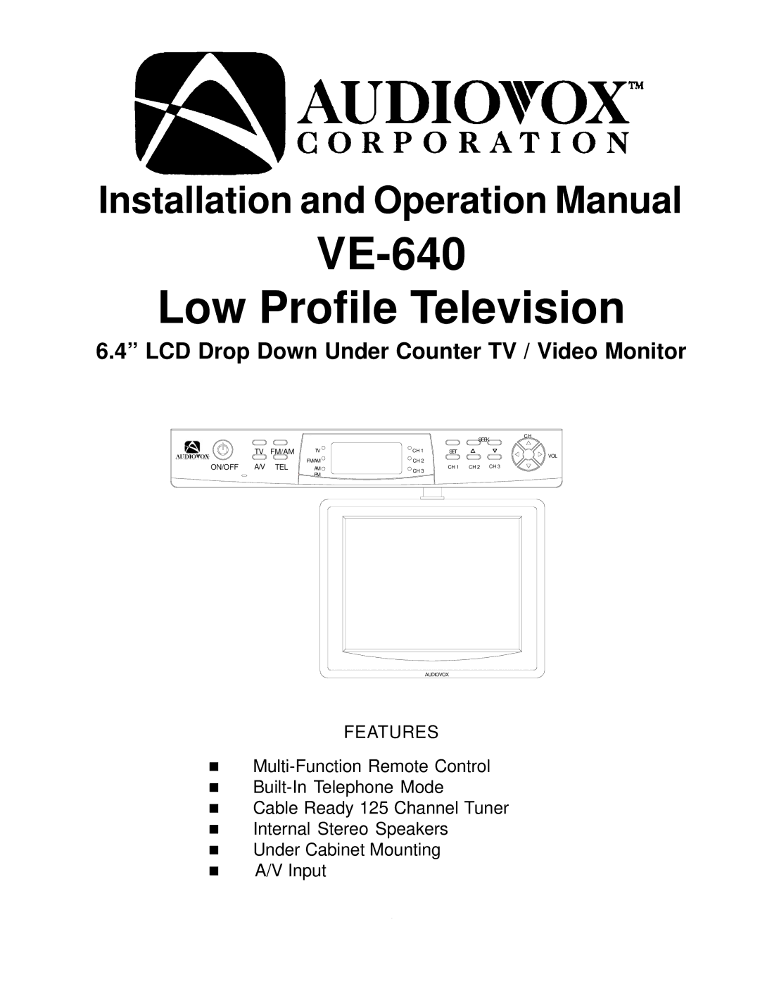 Audiovox VE 640 operation manual VE-640 Low Profile Television 