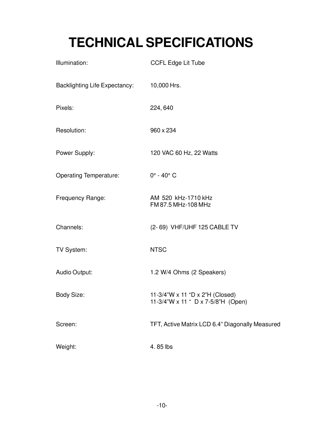 Audiovox VE 640 operation manual Technical Specifications, Ntsc 