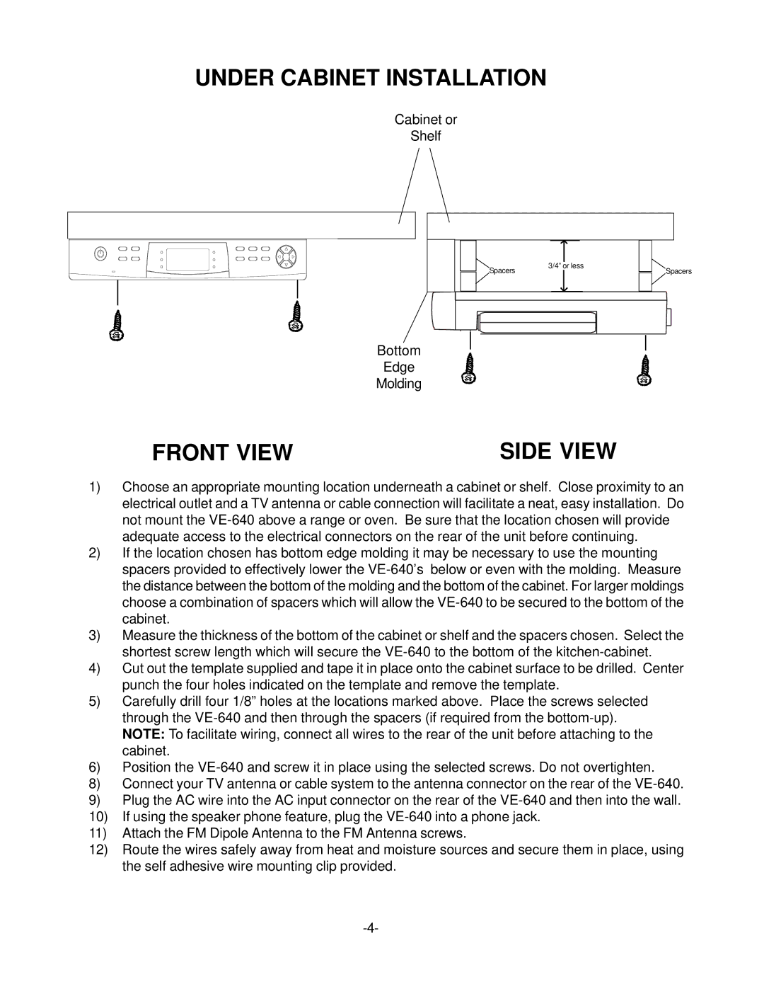 Audiovox VE 640 operation manual Under Cabinet Installation 