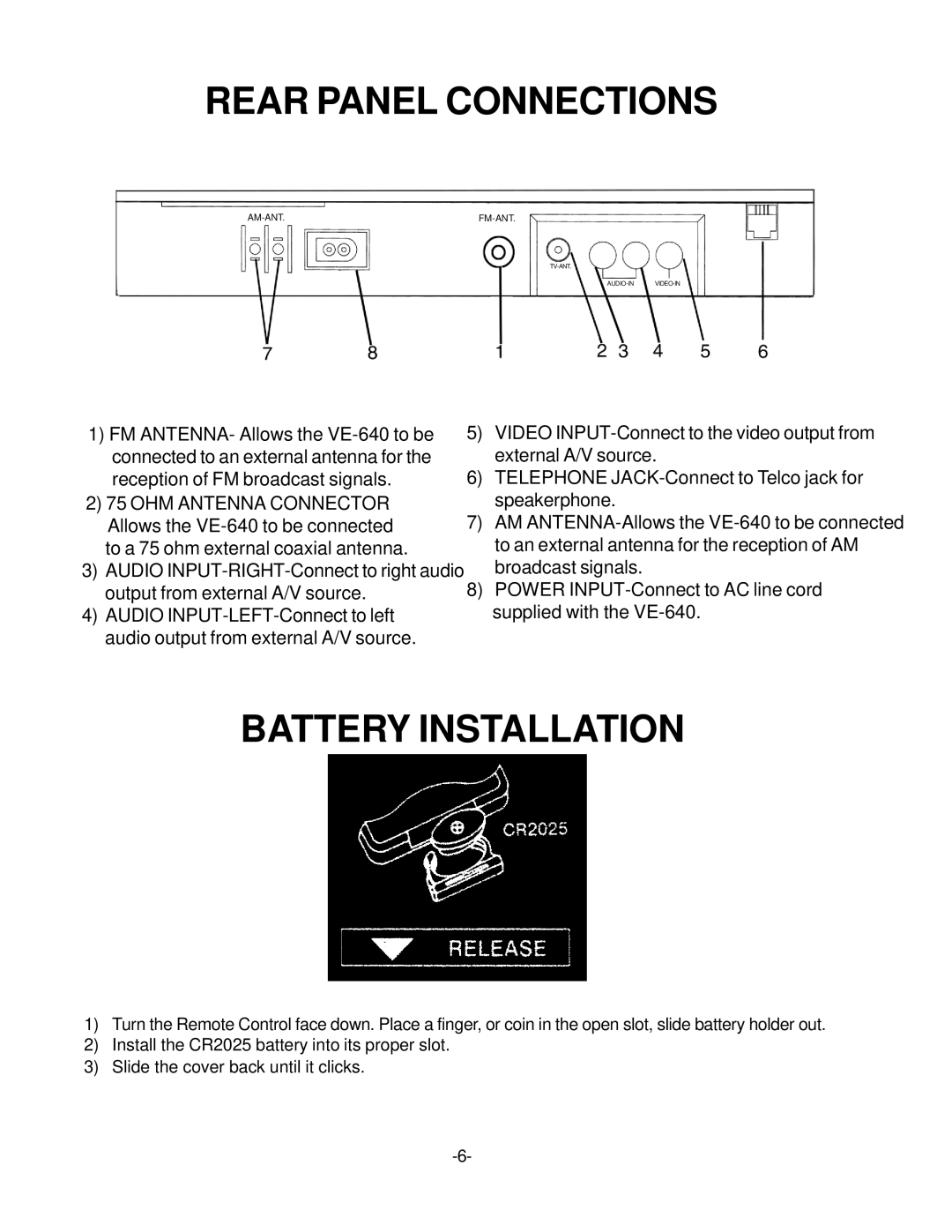 Audiovox VE 640 operation manual Rear Panel Connections, Battery Installation 