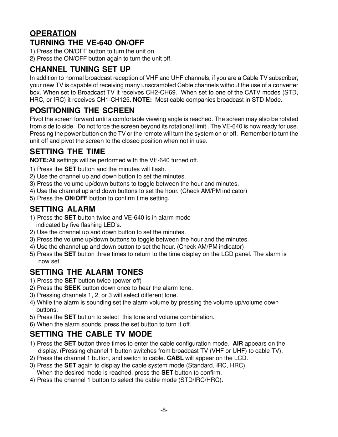 Audiovox VE 640 operation manual Operation Turning the VE-640 ON/OFF 