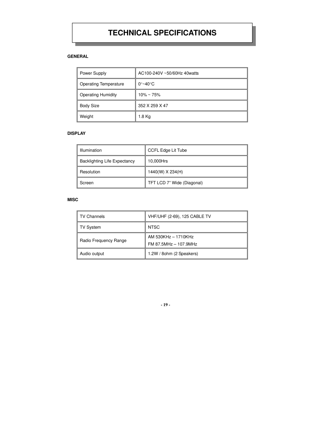 Audiovox VE 700 manual Technical Specifications, General, Display, Misc 