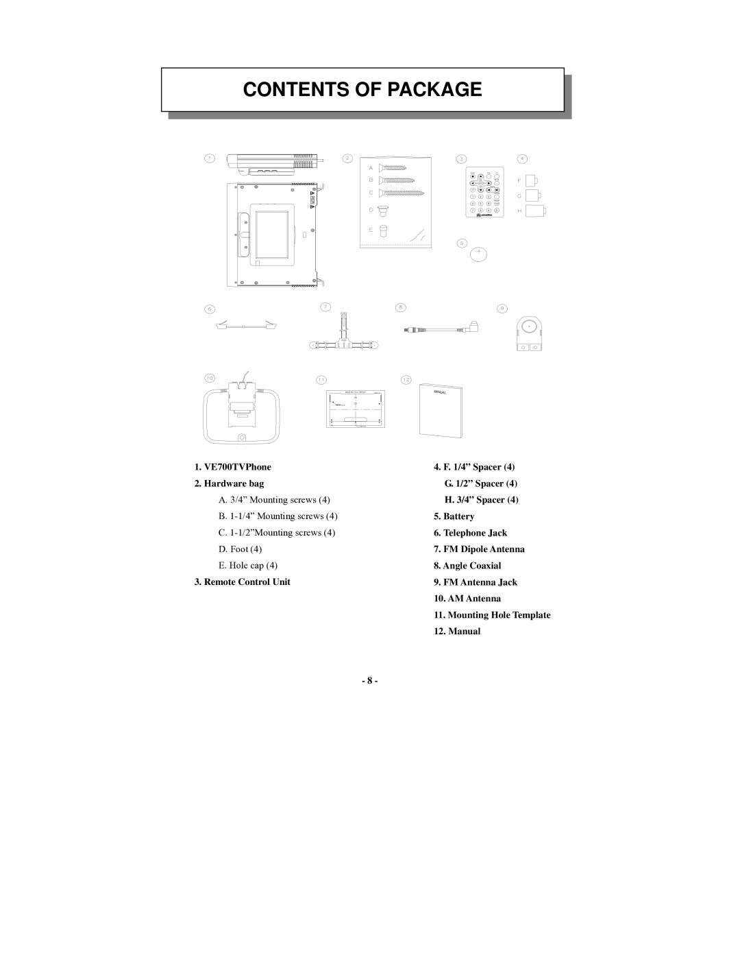 Audiovox VE 700 manual Contents of Package 