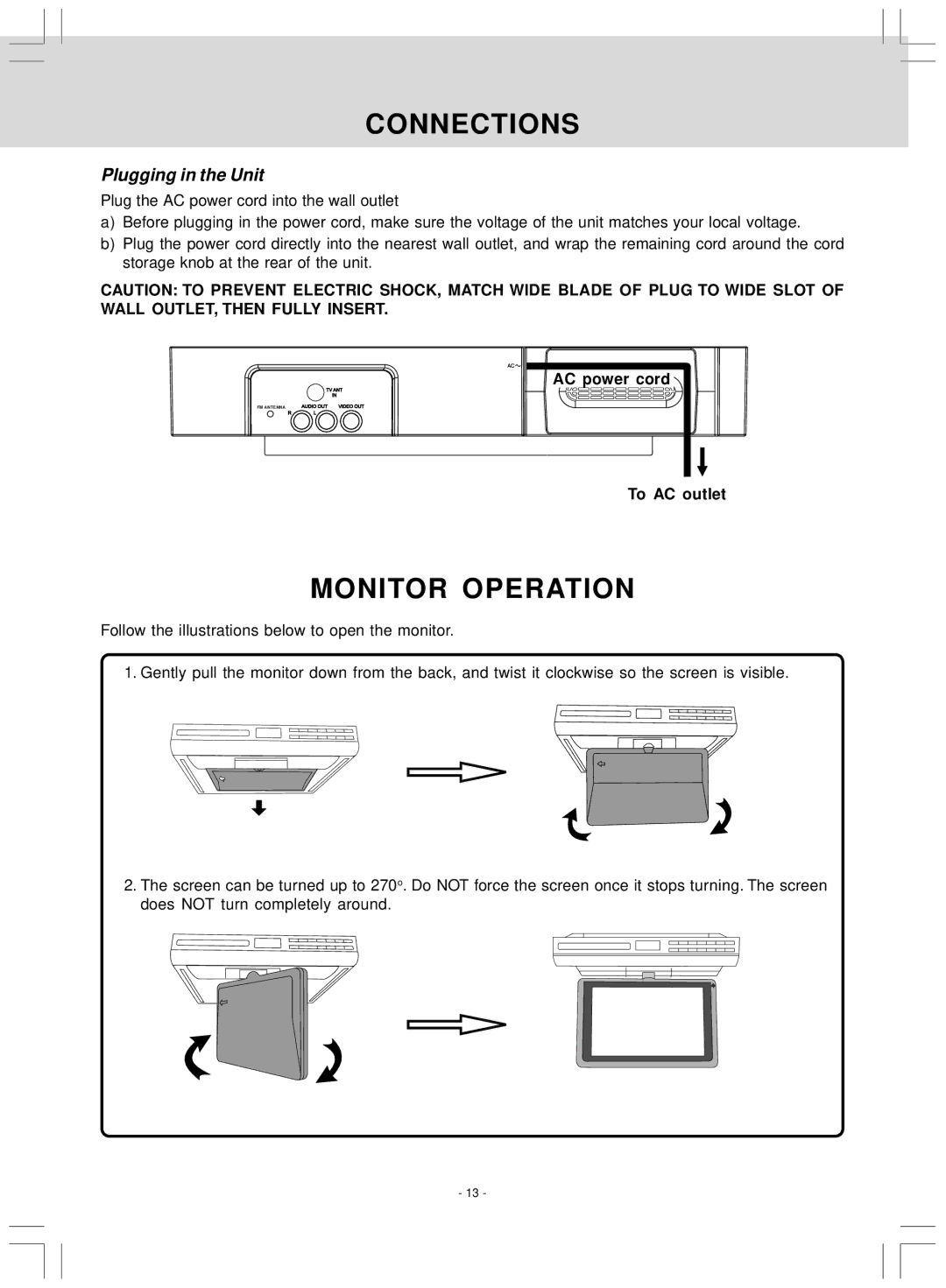 Audiovox VE 927 manual Monitor Operation, Plugging in the Unit, AC power cord, To AC outlet 