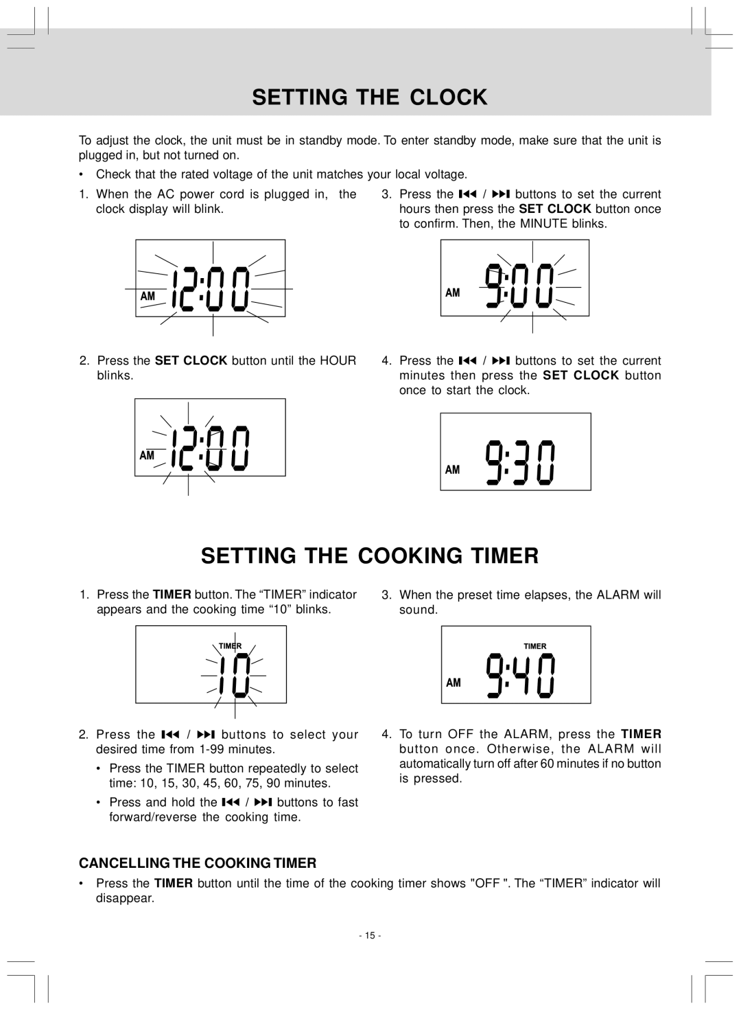 Audiovox VE 927 manual Setting the Clock, Setting the Cooking Timer 