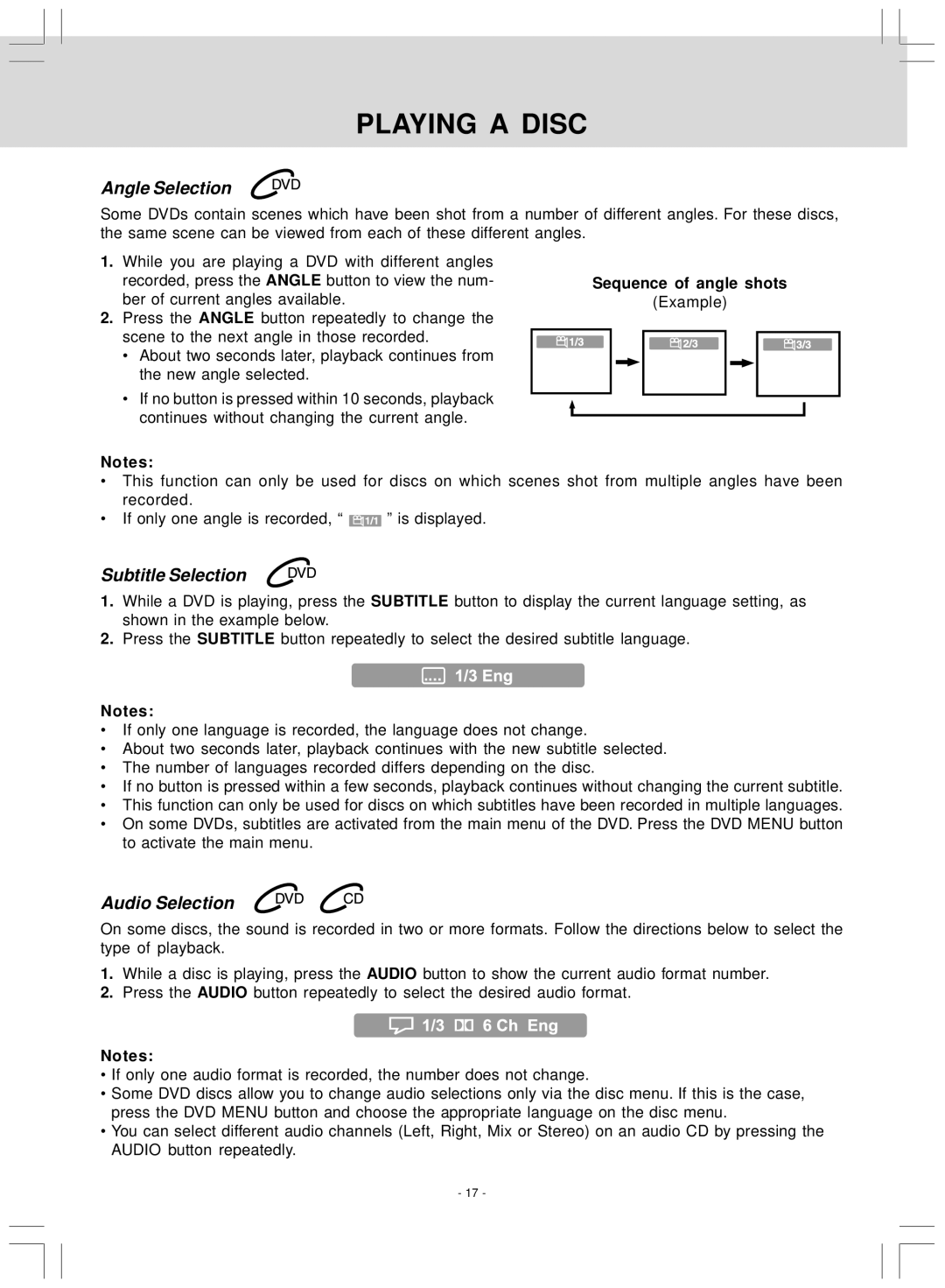 Audiovox VE 927 manual Angle Selection, Subtitle Selection, Audio Selection, Sequence of angle shots 